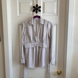 Oh Baby by Motherhood White and Gray Striped Blouse Wrap Round Back Tie Sz Med